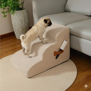 NonoPets 33D High Density Foam Dog Stairs Ramp with Durable Non-Slip Waterproof Fabric Cover, Beige, 3-Steps