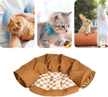 Show full view: NonoPets 2-in-1 Cozy Play & Sleep Hideaway Cat Tunnel Bed with Plush Cushion, Brown slide 2 of 7
