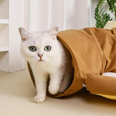 Show full view: NonoPets 2-in-1 Cozy Play & Sleep Hideaway Cat Tunnel Bed with Plush Cushion, Brown slide 6 of 7