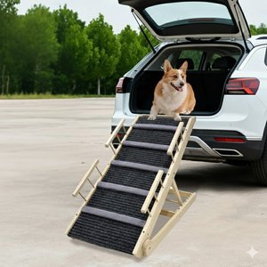 NonoPets Adjustable & Foldable Solid Wood Dog Ramp with Non-Slip Carpet & Guardrails