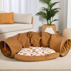 NonoPets 2-in-1 Cozy Play & Sleep Hideaway Cat Tunnel Bed with Plush Cushion, Brown