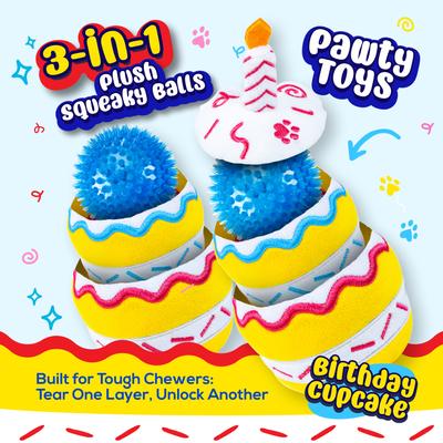 Show full view: PAWTY TOYS Birthday Cupcake 3 in 1 Plush Dog Toy slide 2 of 6