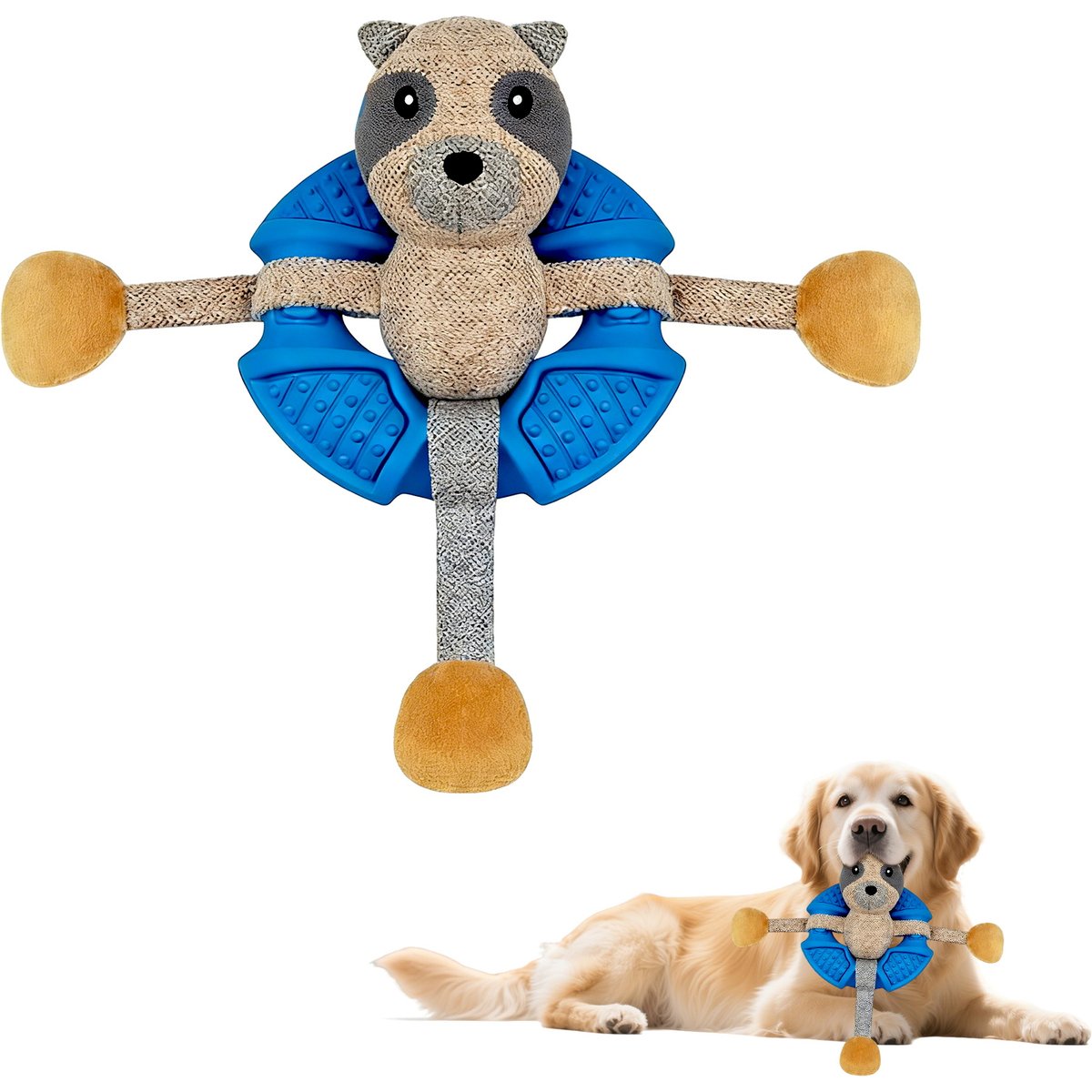 FUUFOME Durable 2-in-1 Rubber Frisbee & Plush Raccoon Dog Toy