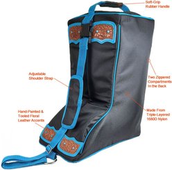 Tahoe Tack Turquoise Flower 1680D Nylon Western Boot Bag with Hand Tooled Leather Accents, Black slide 2 of 4