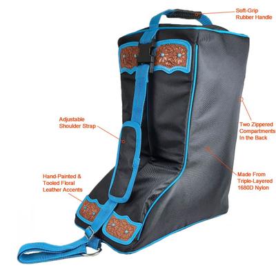 Show full view: Tahoe Tack Turquoise Flower 1680D Nylon Western Boot Bag with Hand Tooled Leather Accents, Black slide 2 of 4