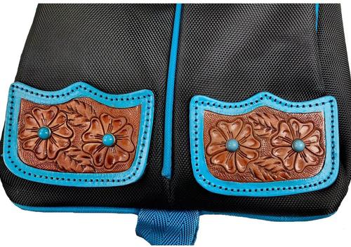 Show full view: Tahoe Tack Turquoise Flower 1680D Nylon Western Boot Bag with Hand Tooled Leather Accents, Black slide 4 of 4