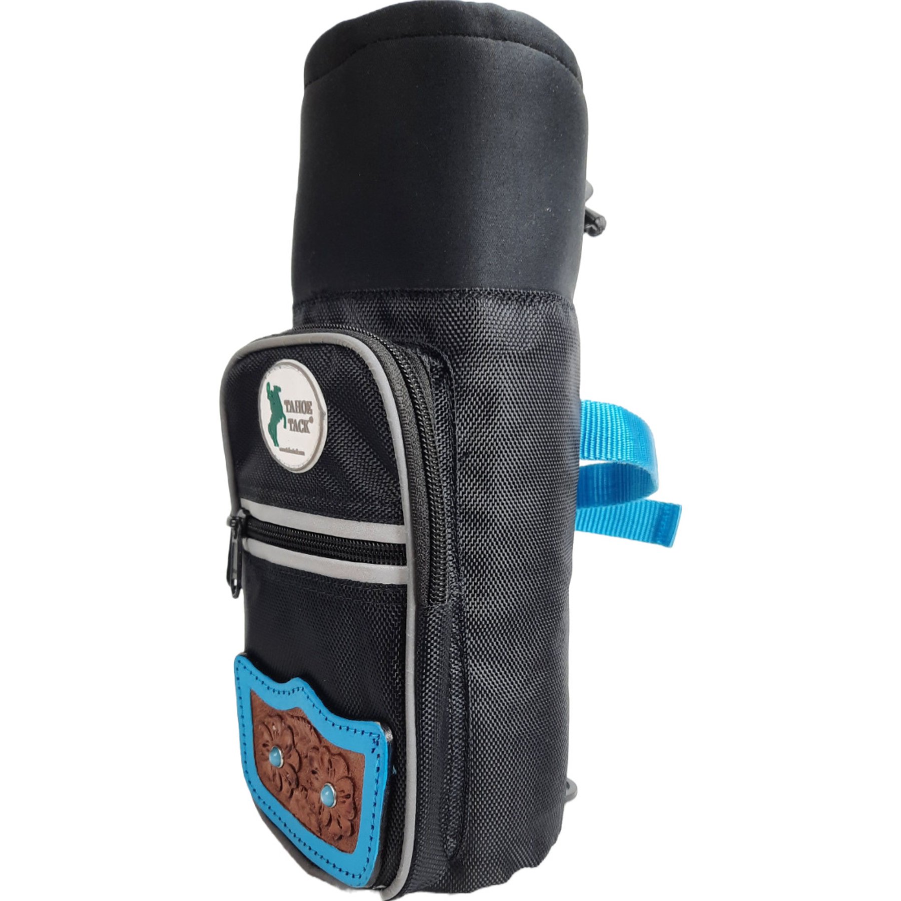 Tahoe Tack Turquoise Flower 1680D Nylon Water Bottle Storage Bag with Hand Tooled Leather Accents, Black, 64-oz