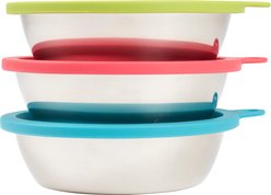 Messy Mutts Three Stainless Steel Dog Bowls with Silicone Assorted Color Lids, 6 count, 8.8 x 2-in