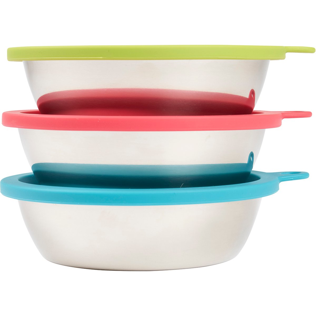 Messy Mutts Three Stainless Steel Dog Bowls with Silicone Assorted Color Lids, 6 count, 5.5 x 1.5-in