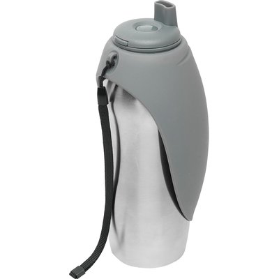 Messy Mutts Messy Mutts Stainless Travel Dog Water Bottle with Silicone Flip Up Bowl, Grey, 24-oz