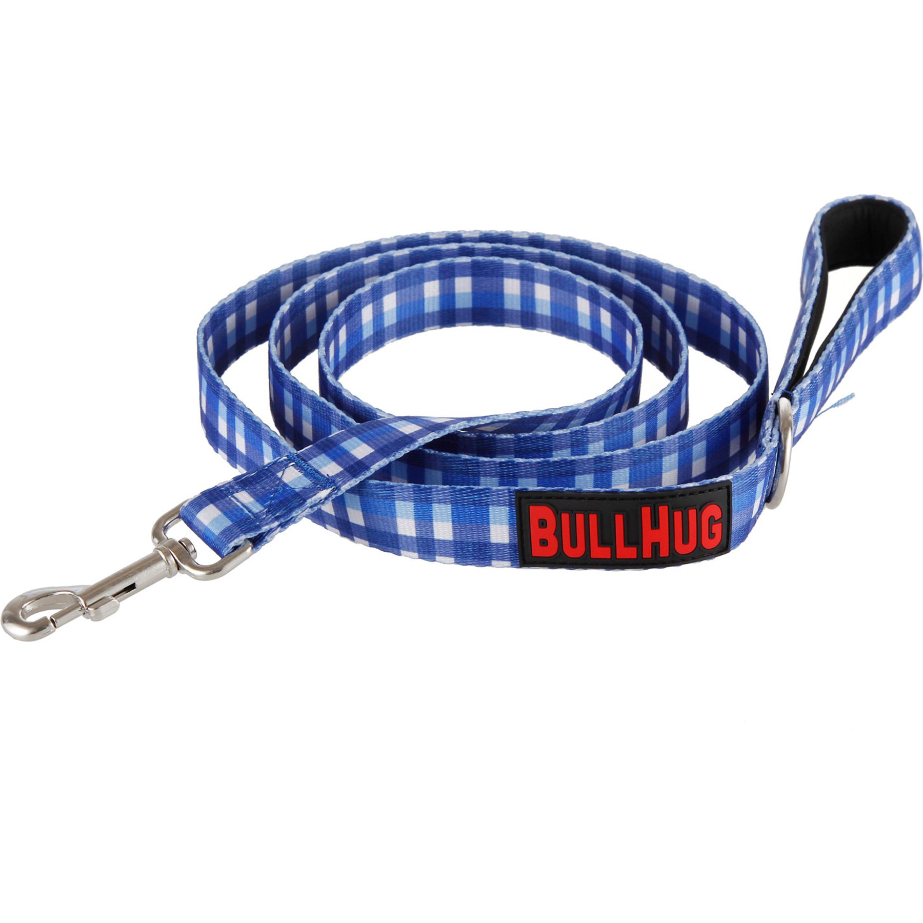 BullHug Padded Nylon Dog Leash, Plaid Blue, 6-ft long, 1-in wide