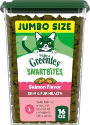 Greenies Feline SmartBites Healthy Skin & Fur Natural Salmon Flavor Soft & Crunchy Adult Cat Treats, 16-oz tub