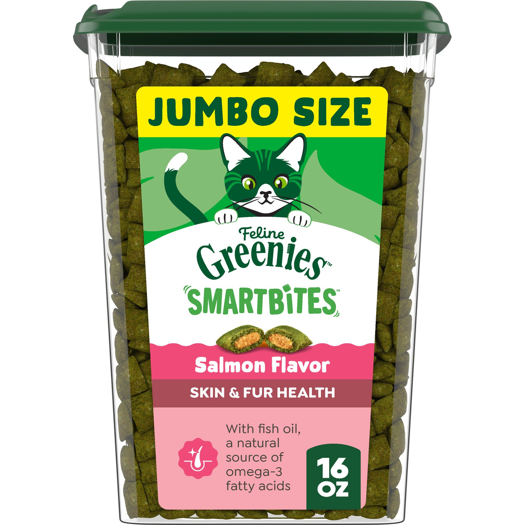 Greenies Feline SmartBites Healthy Skin & Fur Natural Salmon Flavor Soft & Crunchy Adult Cat Treats, 16-oz tub