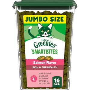 Greenies Feline SmartBites Healthy Skin & Fur Natural Salmon Flavor Soft & Crunchy Adult Cat Treats, 16-oz tub