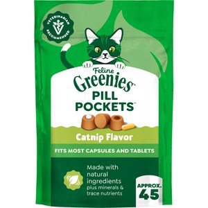 Greenies Pill Pockets Feline Catnip Flavor Natural Soft Adult Cat Treats, 1.6-oz pouch, 45 count