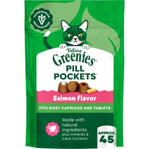 Greenies Pill Pockets Feline Natural Salmon Flavor Soft Adult Cat Treats, 45 count