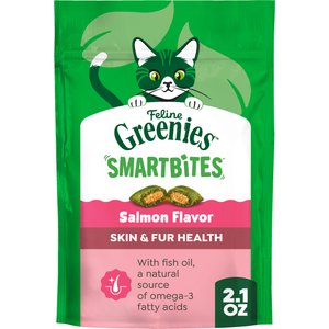 Greenies Feline SmartBites Healthy Skin & Fur Natural Salmon Flavor Soft & Crunchy Adult Cat Treats, 2.1-oz bag