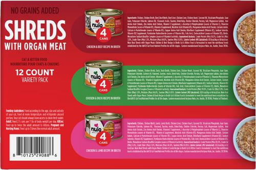 Show full view: Nulo Chicken, Beef, Lamb & Duck with Organ Meats Variety Pack Real Shreds Wet Cat Food, 2.8-oz can, case of 12 slide 10 of 12