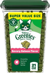 Greenies Feline Savory Salmon Flavor Adult Natural Dental Cat Treats, 21-oz tub