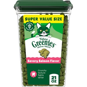 Greenies Feline Savory Salmon Flavor Adult Natural Dental Cat Treats, 21-oz tub