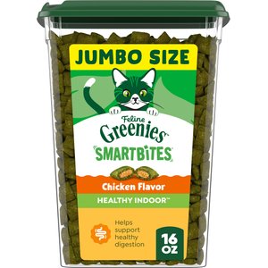 Greenies Feline SmartBites Healthy Indoor Natural Chicken Flavor Soft & Crunchy Adult Cat Treats, 16-oz tub