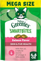 Greenies Feline SmartBites Healthy Skin & Fur Natural Salmon Flavor Soft & Crunchy Adult Cat Treats, 4.6-oz bag