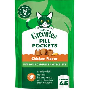 Greenies Pill Pockets Feline Chicken Flavor Natural Soft Adult Cat Treats, 1.6-oz bag, 45 count