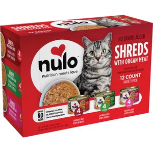 Nulo Chicken, Beef, Lamb & Duck with Organ Meats Variety Pack Real Shreds Wet Cat Food, 2.8-oz can, case of 12