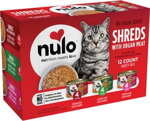 Nulo Chicken, Beef, Lamb & Duck with Organ Meats Variety Pack Real Shreds Wet Cat Food, 2.8-oz can, ...