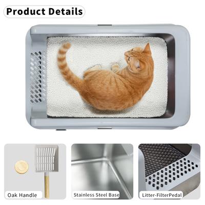 Show full view: Wisfor High Sided Stainless Steel Cat Litter Box with Litter Mat & Scoop, 23.82 x 15.95 x 12.21-in slide 6 of 9