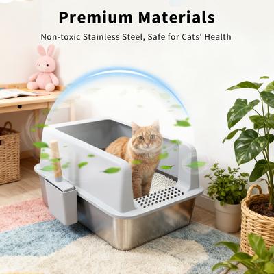Show full view: Wisfor High Sided Stainless Steel Cat Litter Box with Litter Mat & Scoop, 23.82 x 15.95 x 12.21-in slide 4 of 9