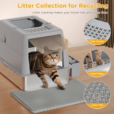 Show full view: Mutrelenx Modular Design Covered High Sided Stainless Steel Cat Litter Box with Flip Lid, XX-Large: 27.5 x 19.7 x 19.3-in, Grey slide 6 of 7