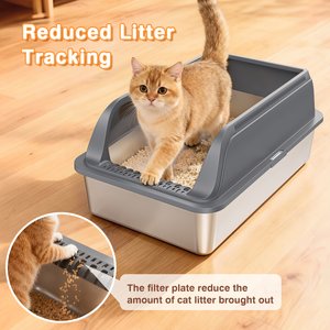 Mutrelenx Semi Enclosed High Sided Stainless Steel Cat Litter Box with Scoop, X-Large, 2 count, Dark Grey