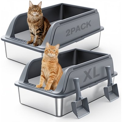 Mutrelenx Mutrelenx Semi Enclosed High Sided Stainless Steel Cat Litter Box with Scoop, X-Large, 2 count, Dark Grey