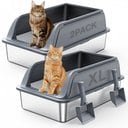 Mutrelenx Semi Enclosed High Sided Stainless Steel Cat Litter Box with Scoop, X-Large, 2 count, Dark Grey