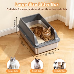 Mutrelenx Semi Enclosed High Sided Stainless Steel Cat Litter Box with Scoop, X-Large, 2 count, Dark Grey