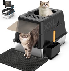 Aphyxen High Sided Covered Stainless Steel Cat Litter Box with Lid & Mat, XX-Large: 27.5 x 19.7 x 19.3-in, Black