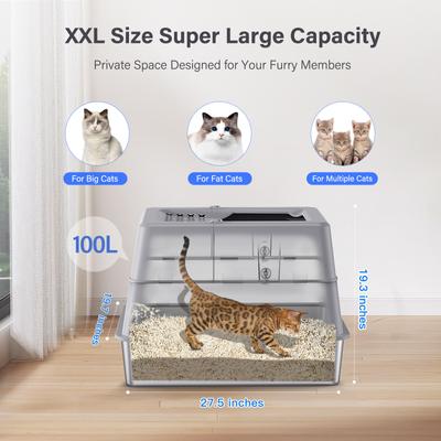 Show full view: Aphyxen High Sided Covered Stainless Steel Cat Litter Box with Lid & Mat, XX-Large: 27.5 x 19.7 x 19.3-in, Grey slide 3 of 8