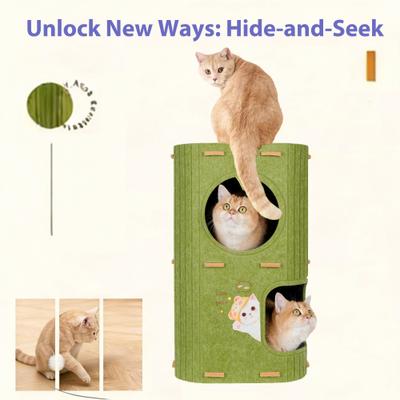 Show full view: Gapzer 2 Story PeekabooIndoor Cozy Felt Covered Scratching Fleece Cat House & Condo, 23.6 x 14.5 x 14.5-in, Green slide 4 of 8