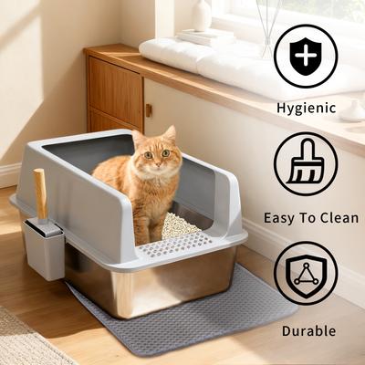 Show full view: Wisfor High Sided Stainless Steel Cat Litter Box with Litter Mat & Scoop, 23.82 x 15.95 x 12.21-in slide 8 of 9