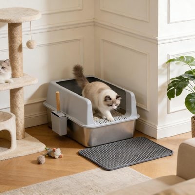 Wisfor Wisfor High Sided Stainless Steel Cat Litter Box with Litter Mat & Scoop, 23.82 x 15.95 x 12.21-in