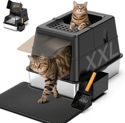Mutrelenx Modular Design Covered High Sided Stainless Steel Cat Litter Box with Flip Lid, XX-Large: 27.5 x 19.7 x 19.3-in, Black