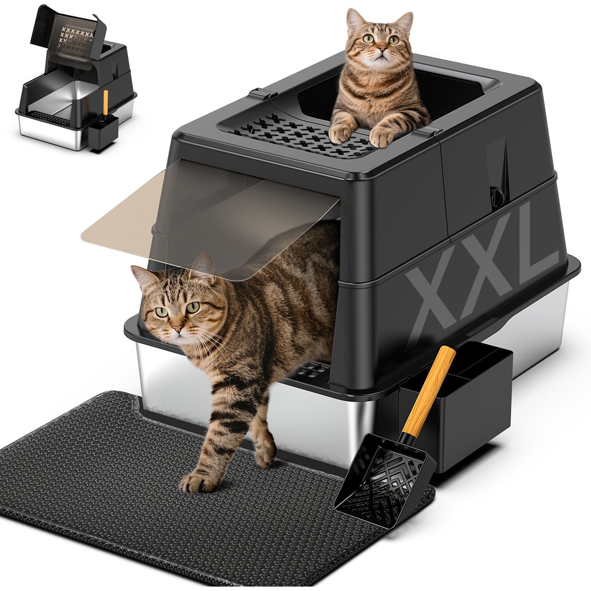 Mutrelenx Modular Design Covered Cat Litter Box with Lid & Mat, XX-Large: 27.5 x 19.7 x 19.3-in, Black