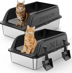 Mutrelenx Semi Enclosed High Sided Stainless Steel Cat Litter Box with Scoop, X-Large, 2 count, Black