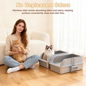 Mutrelenx Semi Enclosed High Sided Stainless Steel Cat Litter Box with Scoop, X-Large, 2 count, Light Grey