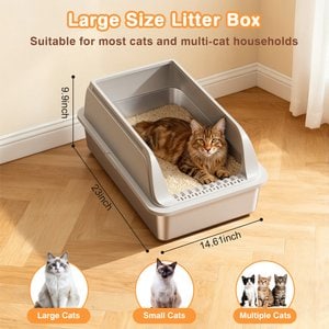 Mutrelenx Semi Enclosed High Sided Stainless Steel Cat Litter Box with Scoop, X-Large, 2 count, Light Grey
