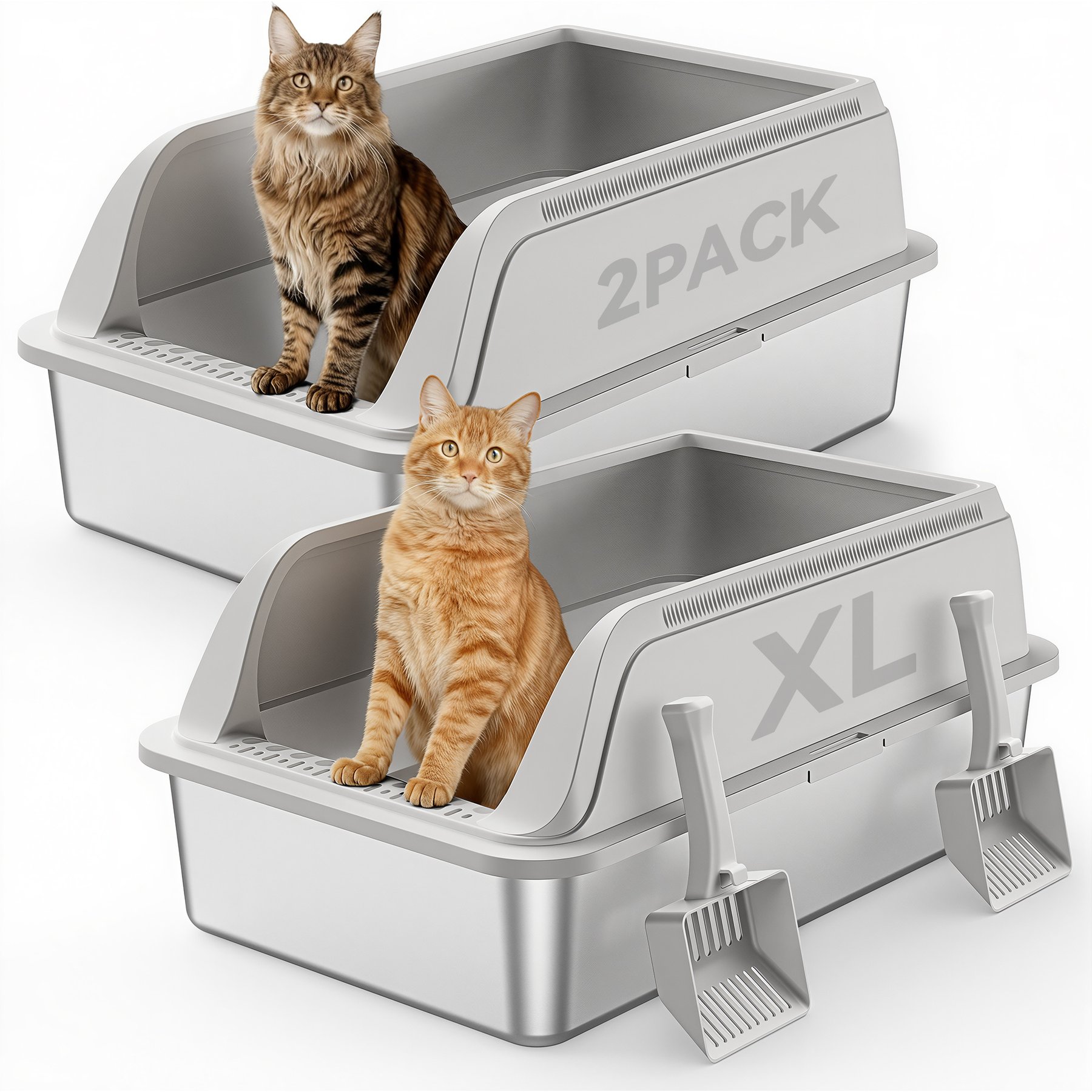 Mutrelenx Semi Enclosed High Sided Stainless Steel Cat Litter Box with Scoop, X-Large, 2 count, Light Grey