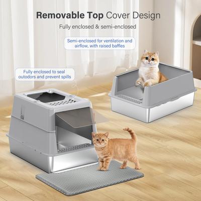 Show full view: Aphyxen High Sided Covered Stainless Steel Cat Litter Box with Lid & Mat, XX-Large: 27.5 x 19.7 x 19.3-in, Grey slide 8 of 8