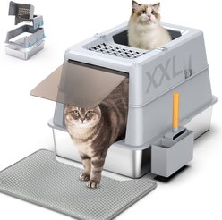 Aphyxen High Sided Covered Stainless Steel Cat Litter Box with Lid & Mat, XX-Large: 27.5 x 19.7 x 19.3-in, Grey