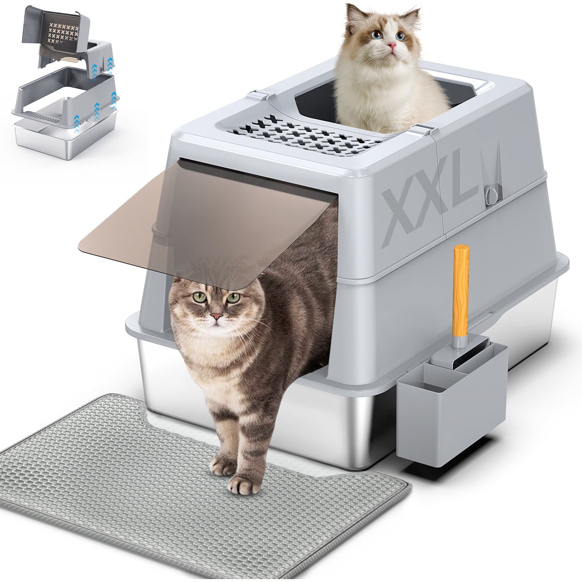 Aphyxen Covered Cat Litter Box with Lid & Mat, XX-Large: 27.5 x 19.7 x 19.3-in, Grey